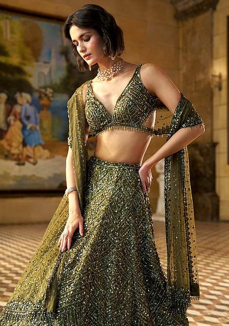 Green Sequins Work Silk Blend Lahenga Set - Indya