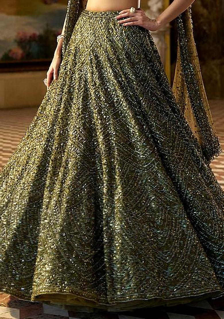 Green Sequins Work Silk Blend Lahenga Set - Indya