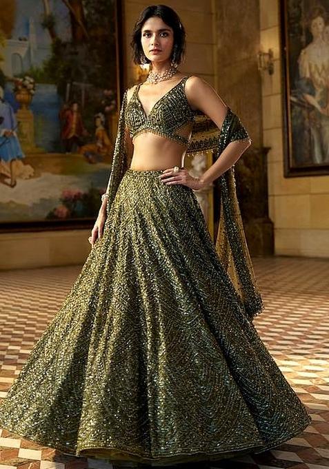 Green Sequins Work Silk Lahenga Set