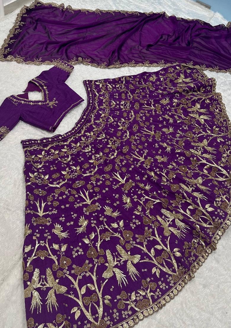 Purple Sequins Work Silk Blend Lahenga Set - Indya