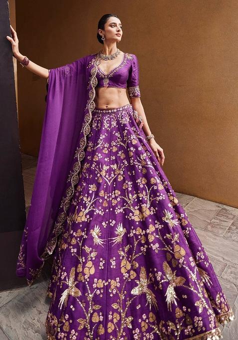 Purple Sequins Work Silk Blend Lahenga Set