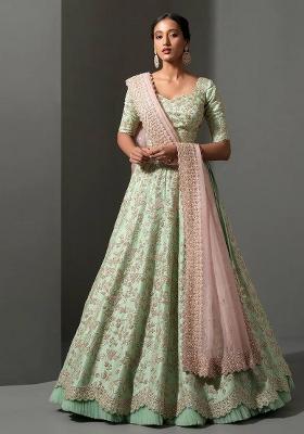 Pista Sequins Work Silk Blend Lahenga Set