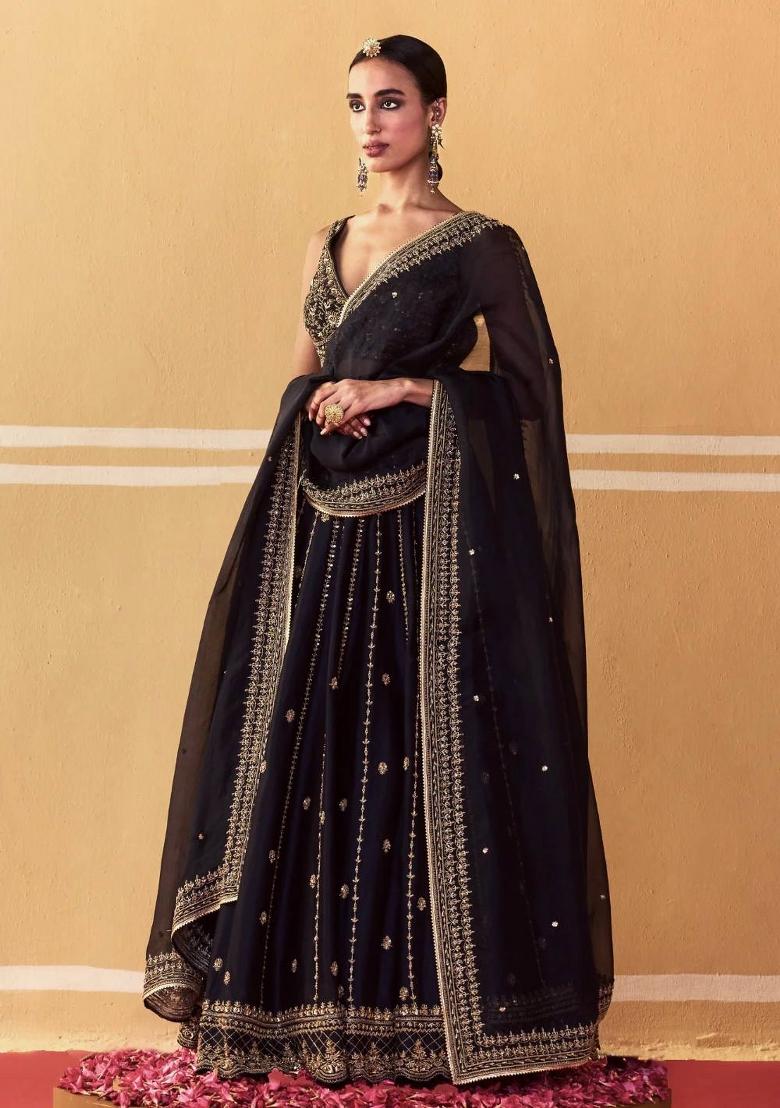 Black Sequins Work Silk Blend Lahenga Set - Indya