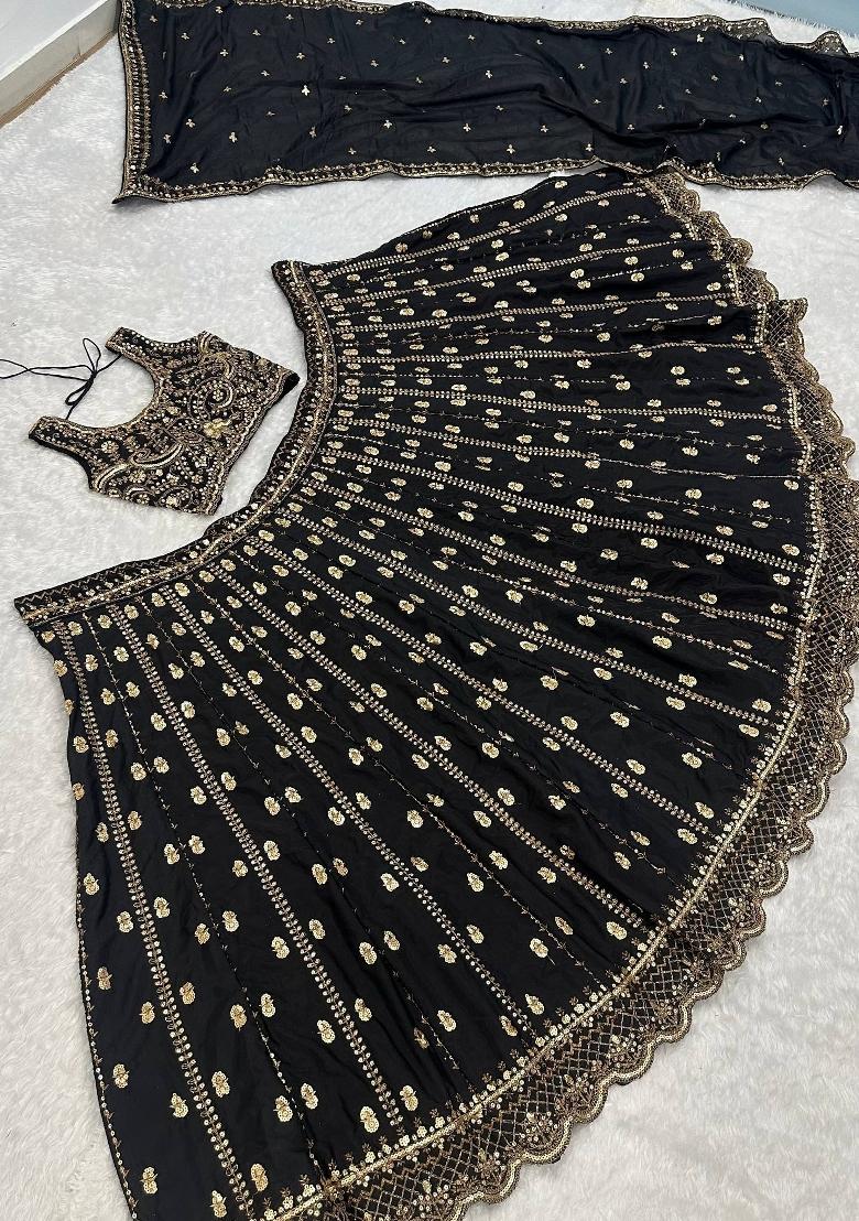 Black Sequins Work Silk Blend Lahenga Set - Indya