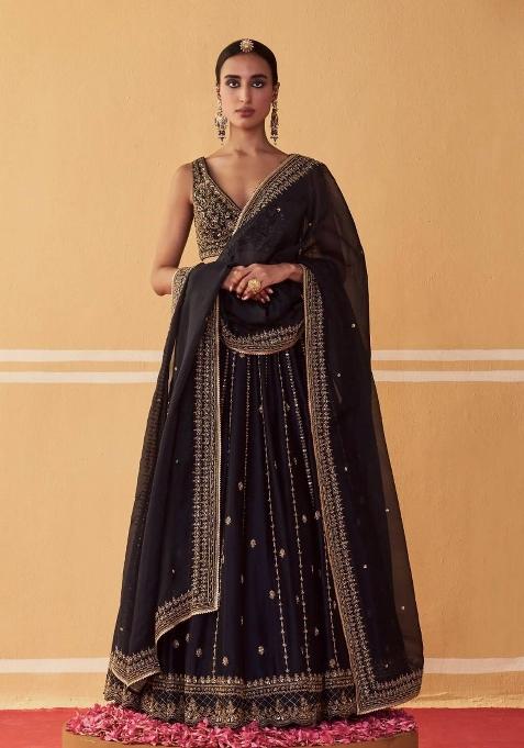 Black Sequins Work Silk Blend Lahenga Set