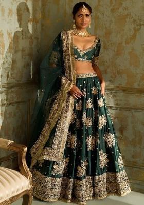Green Sequins Work Net Lahenga Set
