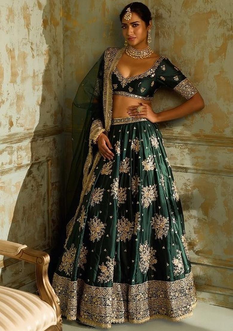 Green Sequins Work Net Lahenga Set - Indya