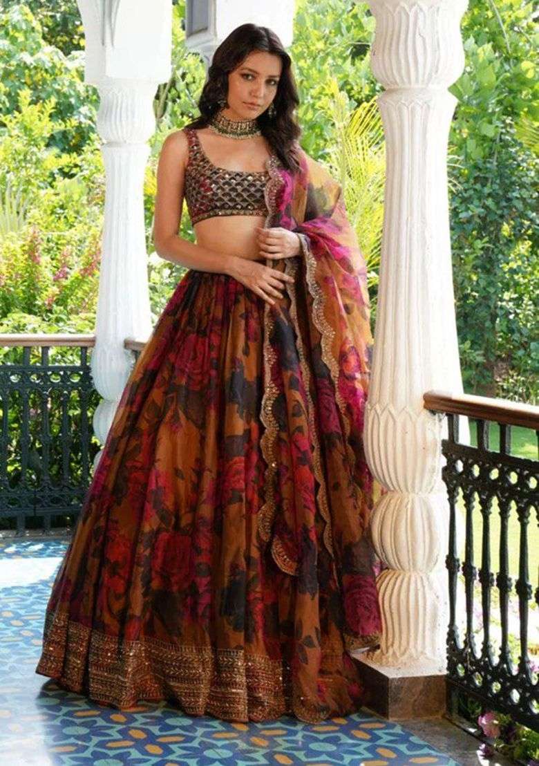 Orange Sequins Work Organza Lahenga Set - Indya
