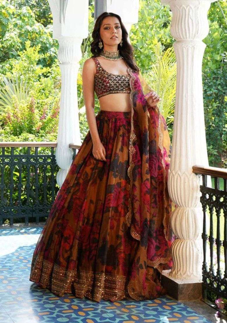 Orange Sequins Work Organza Lahenga Set - Indya