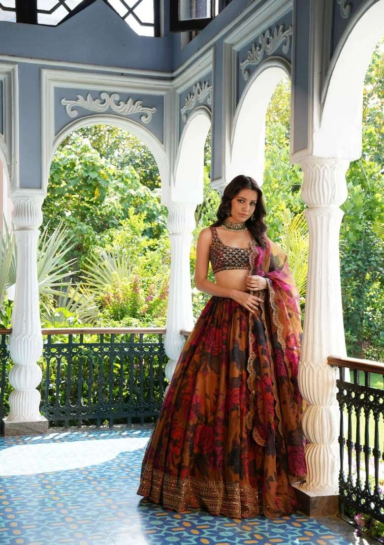 Orange Sequins Work Organza Lahenga Set - Indya