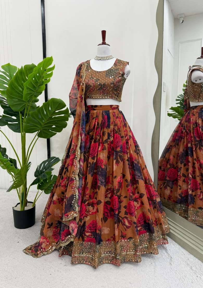 Orange Sequins Work Organza Lahenga Set - Indya