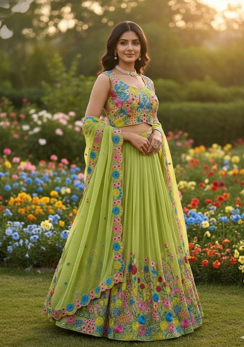 Parrot Sequins Work Silk Lahenga Set - Indya