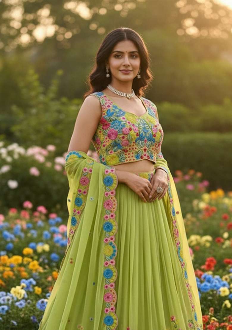 Parrot Sequins Work Silk Lahenga Set - Indya