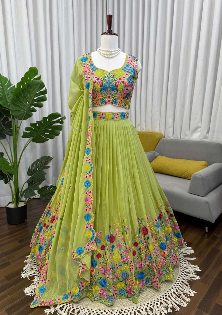 Parrot Sequins Work Silk Lahenga Set - Indya