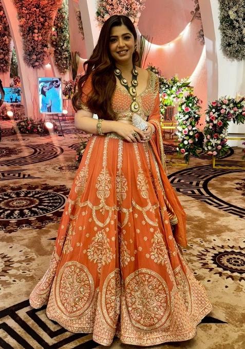 Orange Sequins Work Georgette Lahenga Set