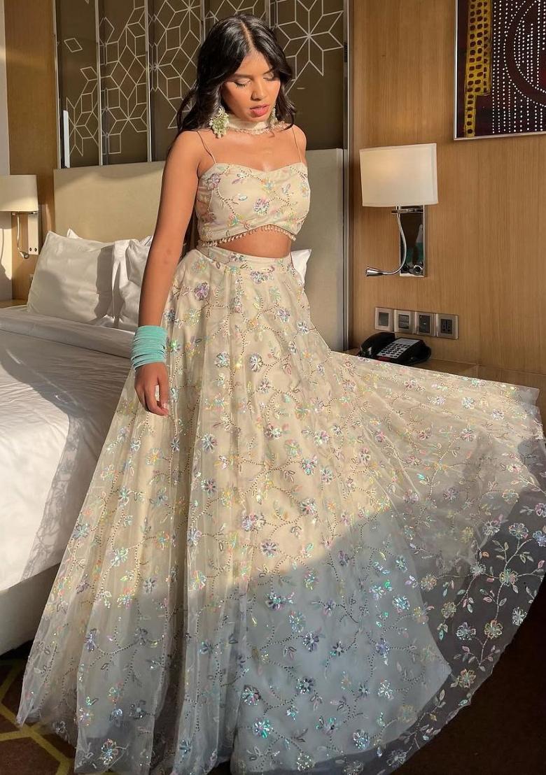 Beige Embellished Silk Blend Lahenga Set - Indya