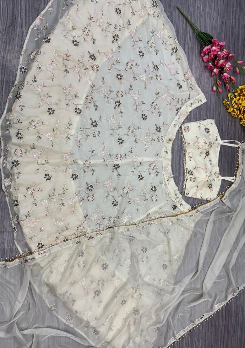 Beige Embellished Silk Blend Lahenga Set - Indya