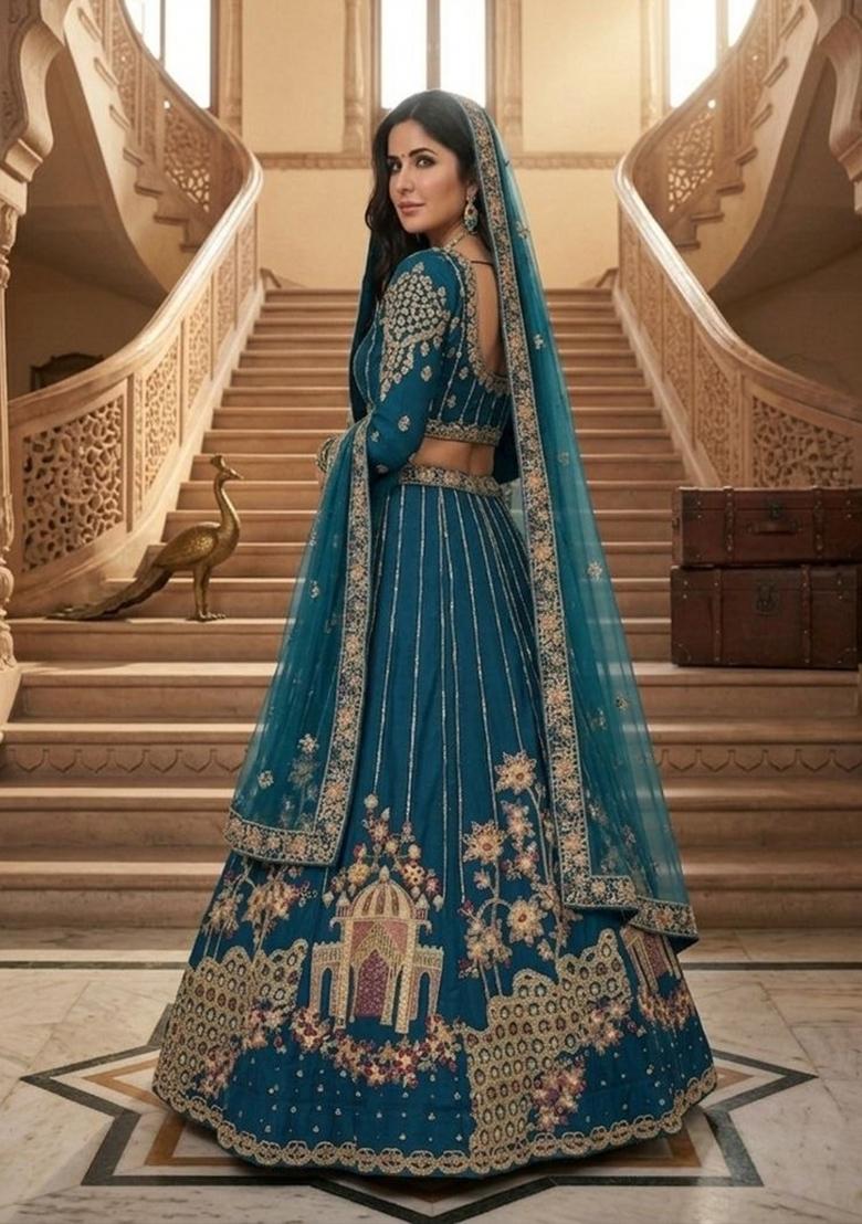 Blue Thread Work Net Lahenga Set - Indya