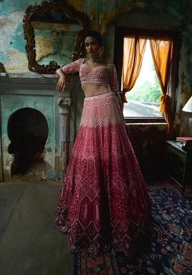 Multicolor Embroidered Georgette Lahenga Set