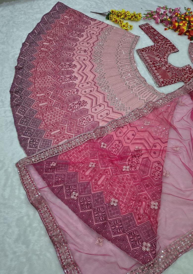 Multicolor Embroidered Georgette Lahenga Set - Indya
