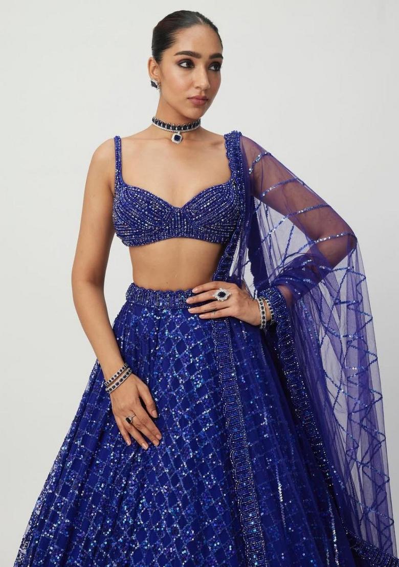 Royal Blue Sequins Work Net Lahenga Set - Indya