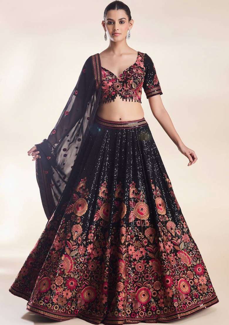 Black Sequins Work Georgette Lahenga Set for Diwali and Festive Wear - Indya