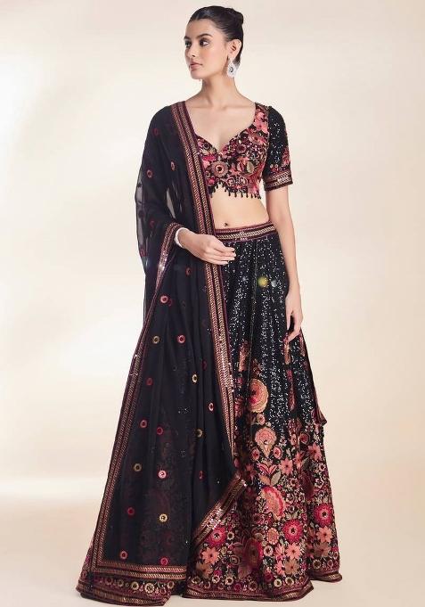 Black Sequins Work Georgette Lahenga Set