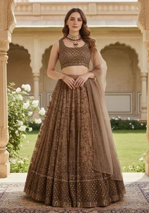 Brown Sequins Work Net Lahenga Set