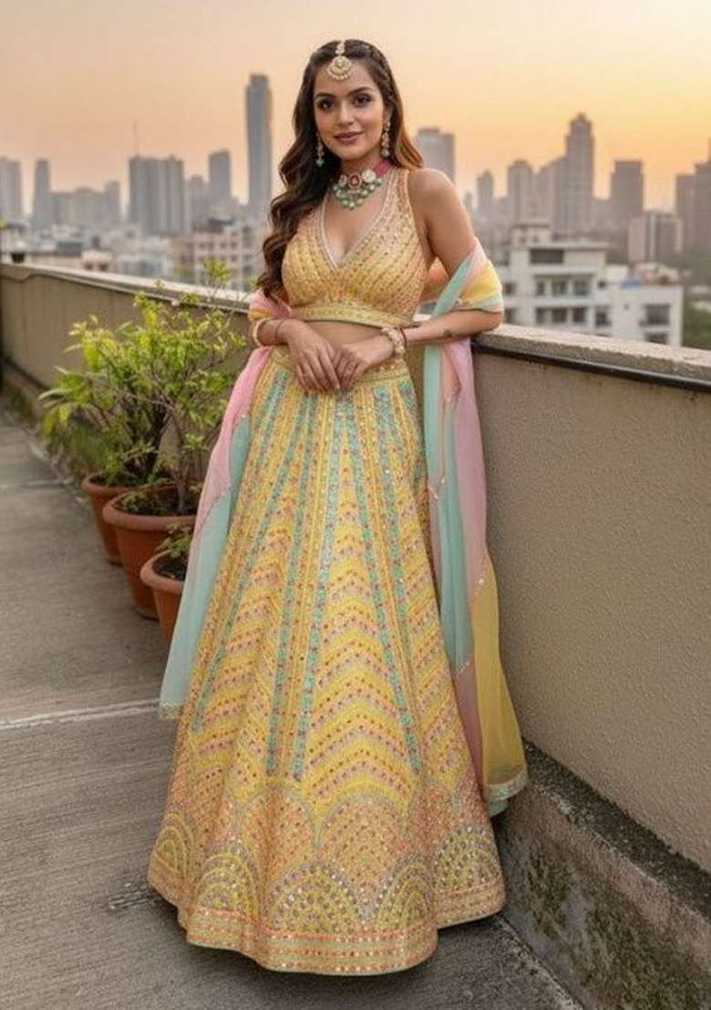 Yellow Thread Work Silk Lahenga Set - Indya