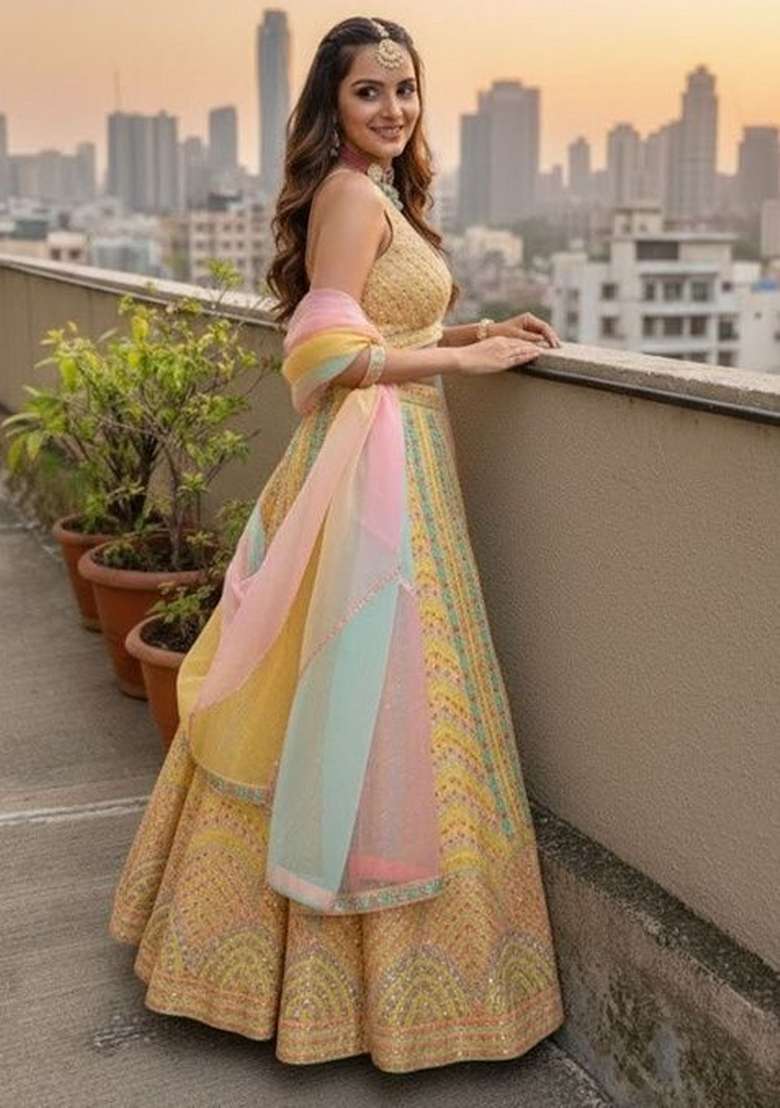 Yellow Thread Work Silk Lahenga Set - Indya