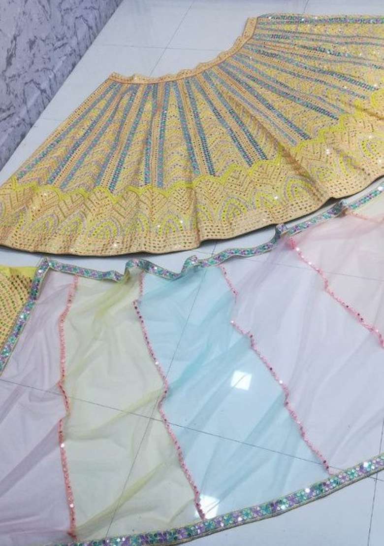 Yellow Thread Work Silk Lahenga Set - Indya