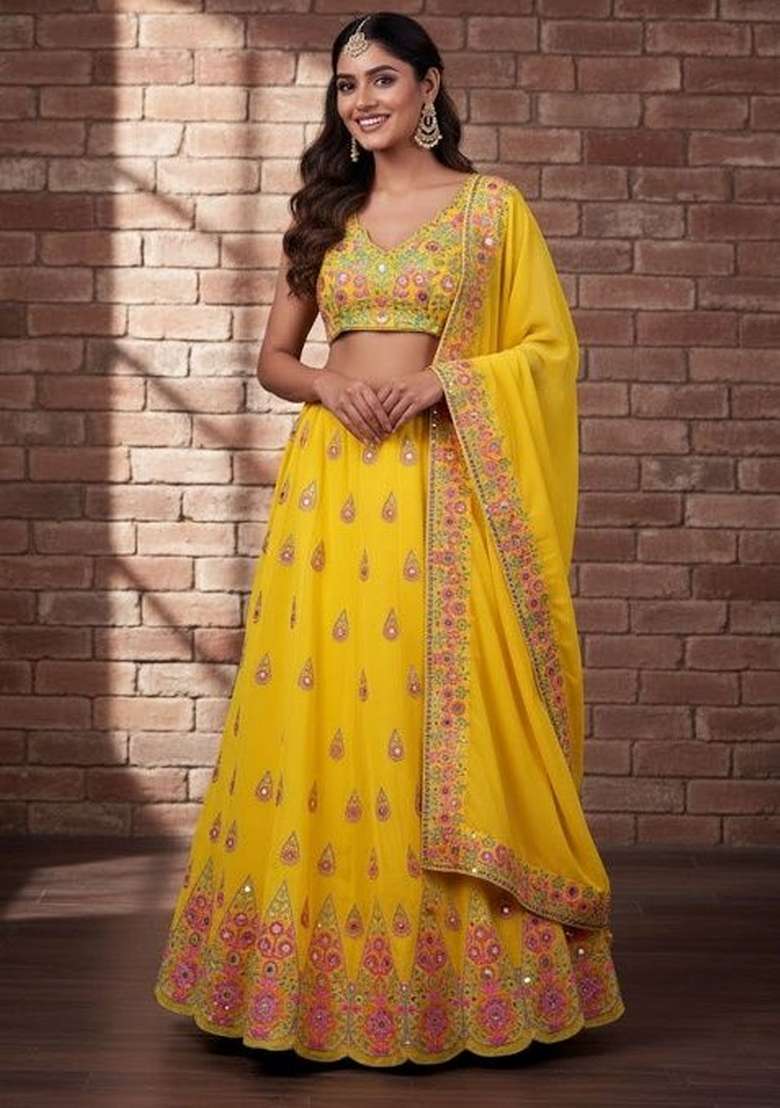 Yellow Sequins Work Georgette Lahenga Set for Diwali and Festive Wear - Indya