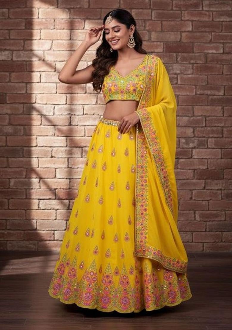 Yellow Sequins Work Georgette Lahenga Set - Indya