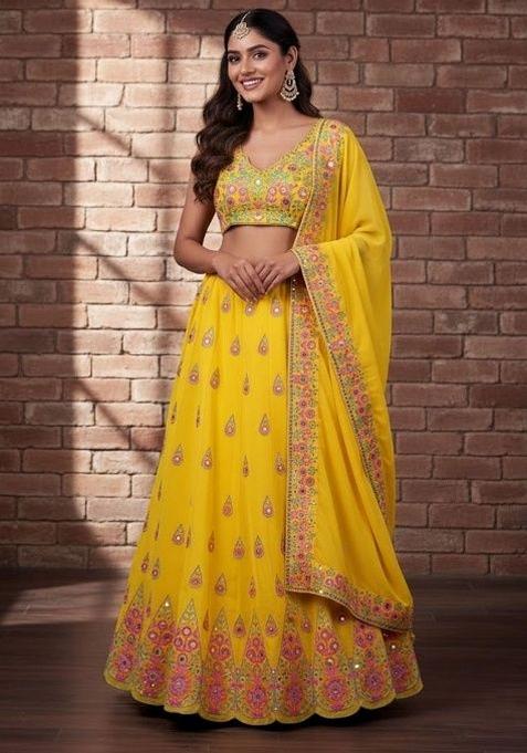 Yellow Sequins Work Georgette Lahenga Set