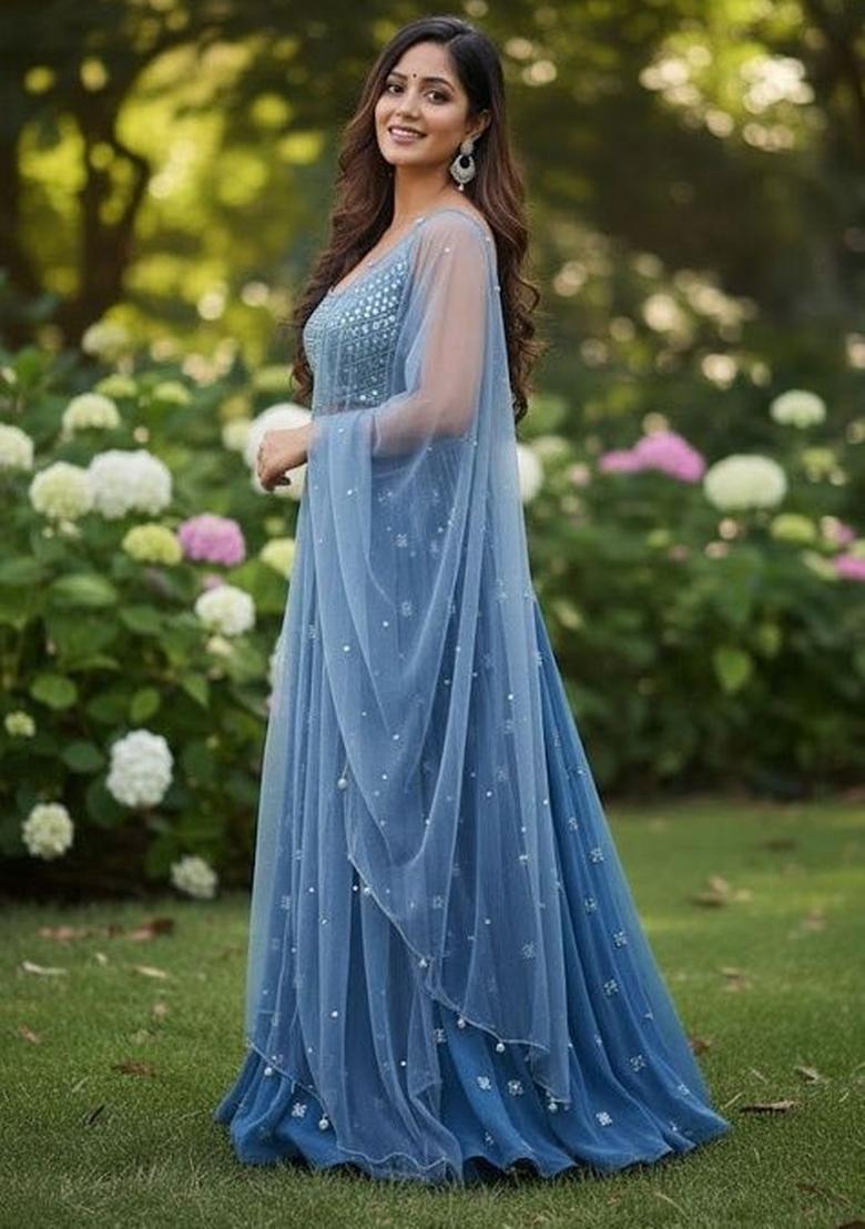 Dark Sky Blue Sequins Work Georgette Lahenga Set - Indya