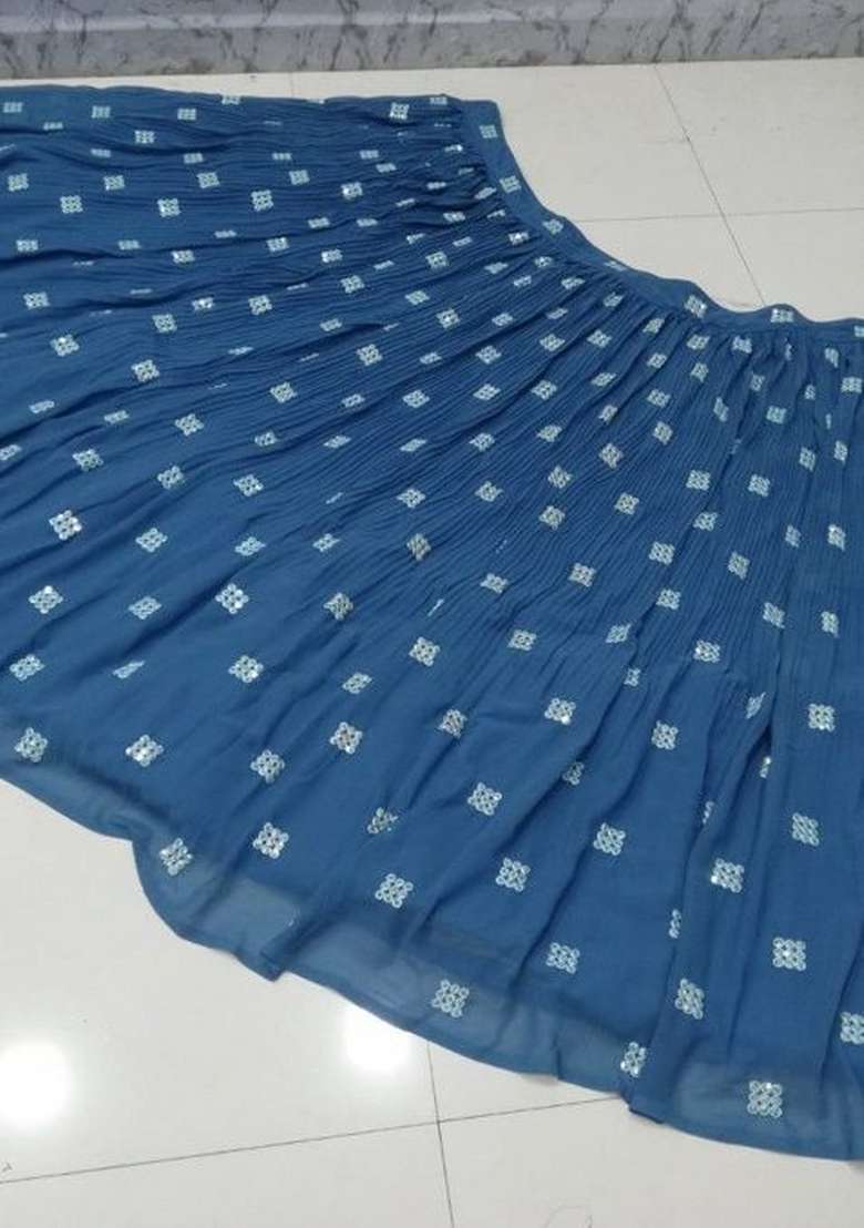 Dark Sky Blue Sequins Work Georgette Lahenga Set for Diwali and Festive Wear - Indya