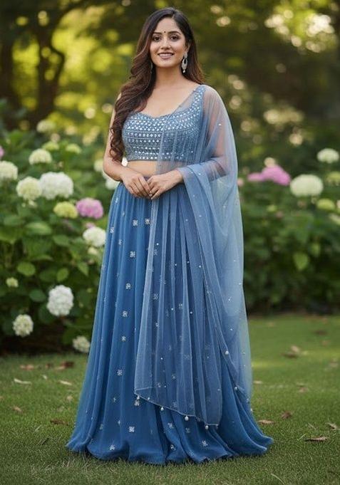 Dark Sky Blue Sequins Work Georgette Lahenga Set