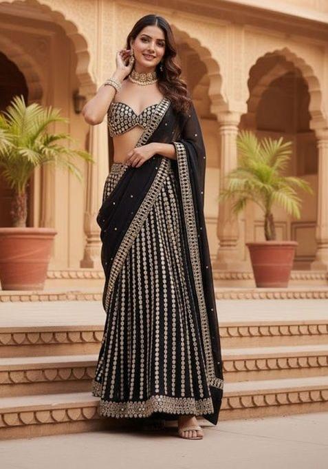 Black Embroidered Silk Blend Lahenga Set