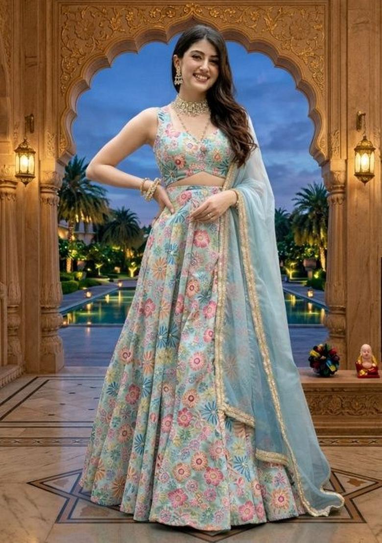 Sky Blue Zari Work Silk Blend Lahenga Set - Indya