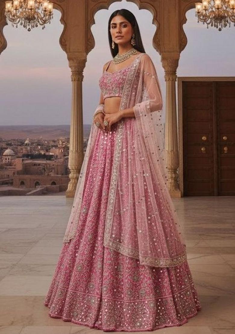 Pink Sequins Work Silk Blend Lahenga Set - Indya