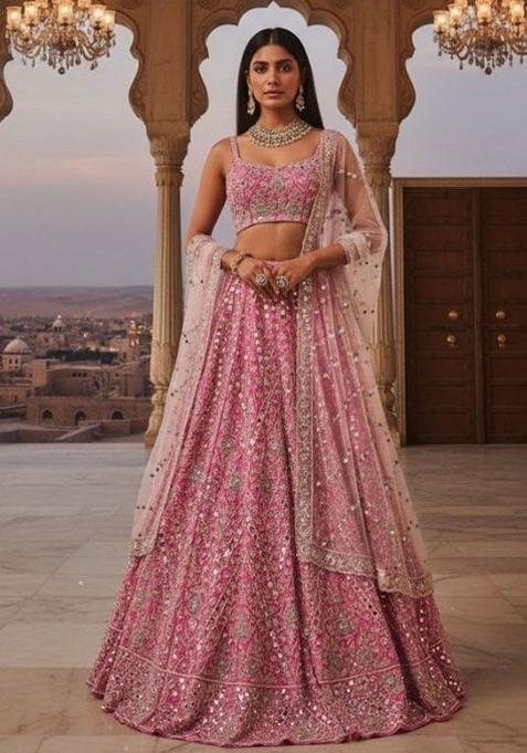 Pink Sequins Work Silk Lahenga Set