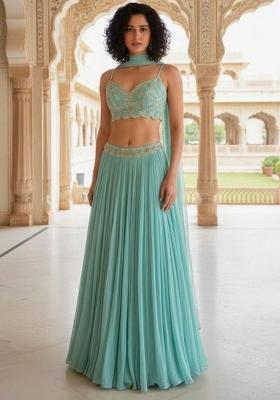 Teal Plain Georgette Lahenga Set