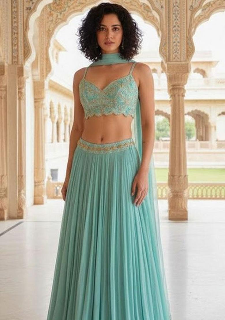 Teal Plain Georgette Lahenga Set - Indya