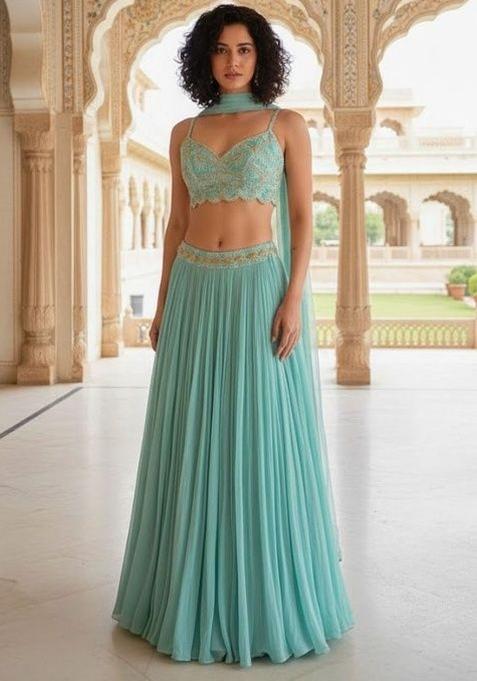 Teal Plain Georgette Lahenga Set