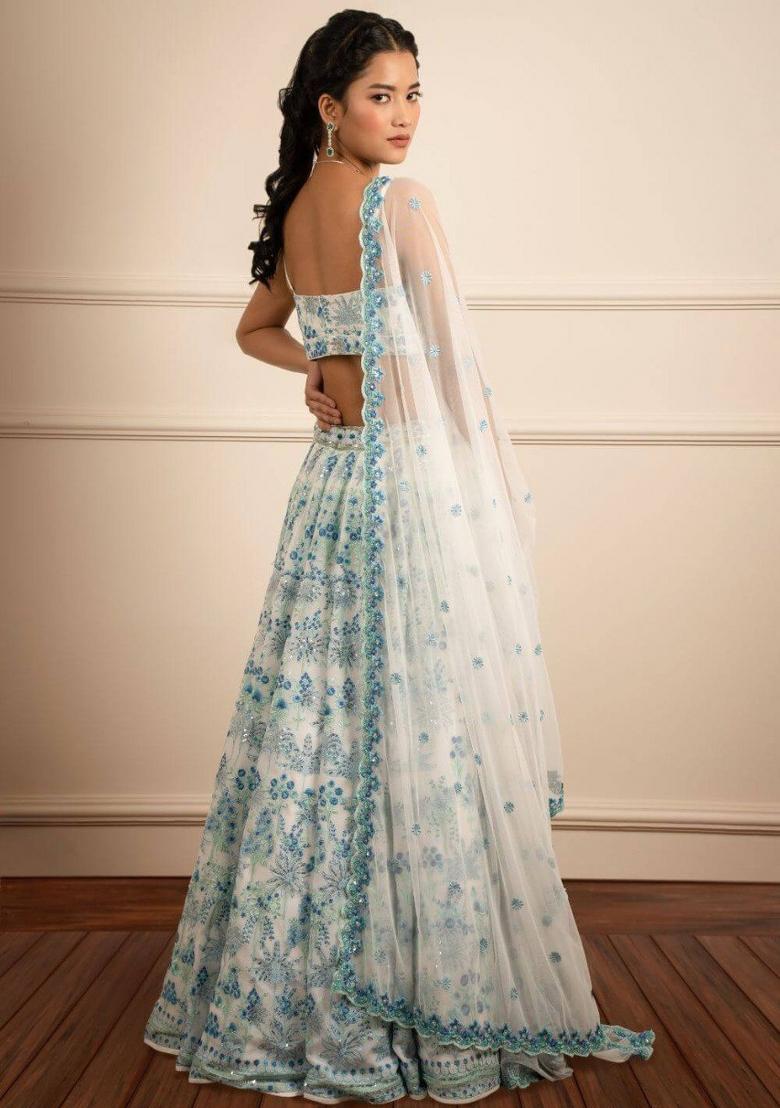 Sky Blue Thread Work Georgette Lahenga Set - Indya