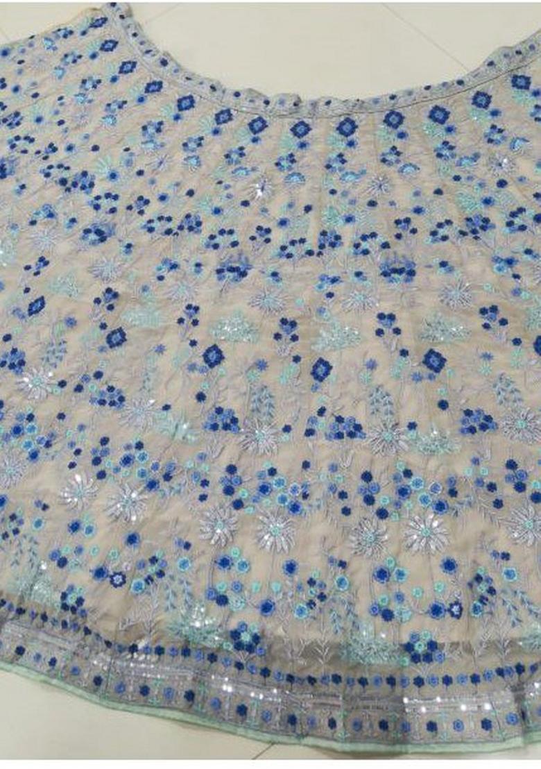 Sky Blue Thread Work Georgette Lahenga Set - Indya