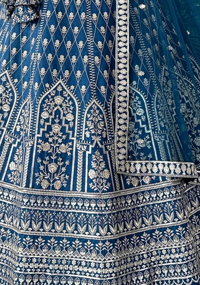 Light Navy Blue Sequins Work Georgette Lahenga Set - Indya