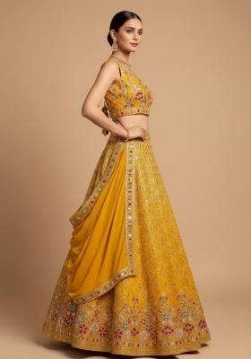 Yellow Sequins Work Georgette Lahenga Set
