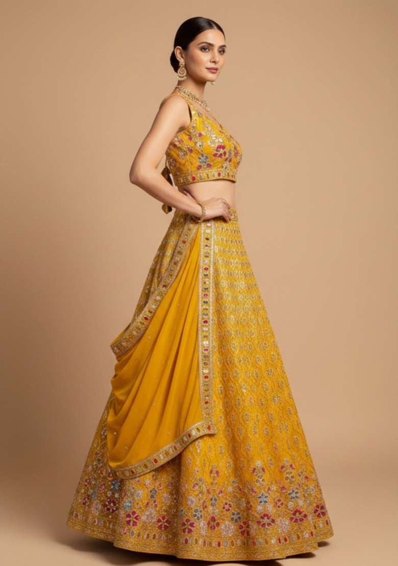 Yellow Sequins Work Georgette Lahenga Set for Diwali | Wedding & Festive Wear - Indya