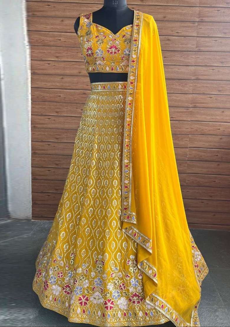 Yellow Sequins Work Georgette Lahenga Set for Diwali | Wedding & Festive Wear - Indya